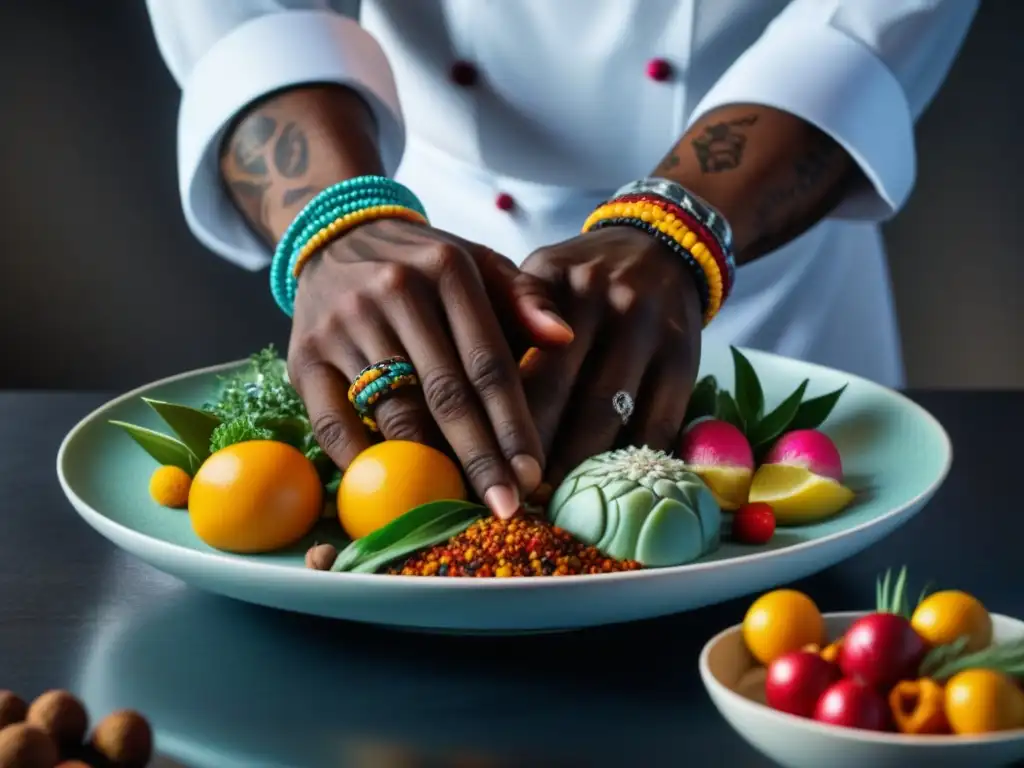 Las manos de un chef africano experto crean un plato innovador