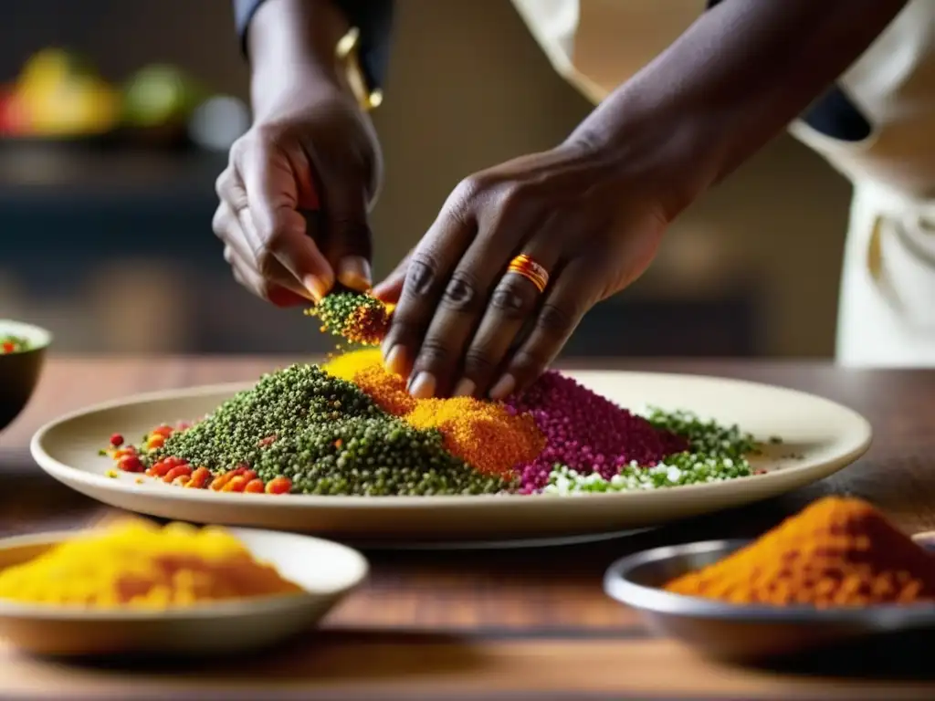 Manos de chef africano sazonando plato colorido con precisión