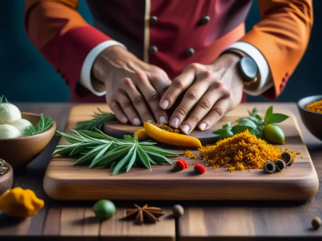 Manos de chef crean alquimia en la cocina renacentista con especias vibrantes en tabla de madera