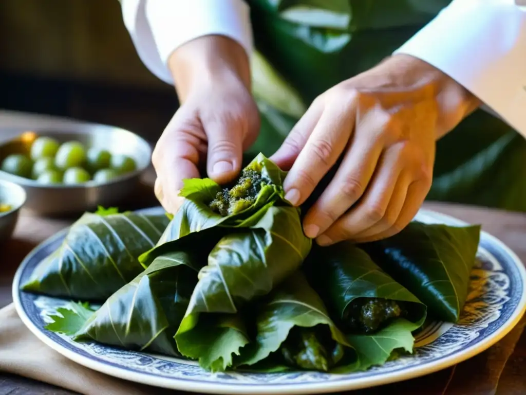 Manos del chef armenio envolviendo dolma con hojas de uva, mostrando la historia y cultura de este plato icónico