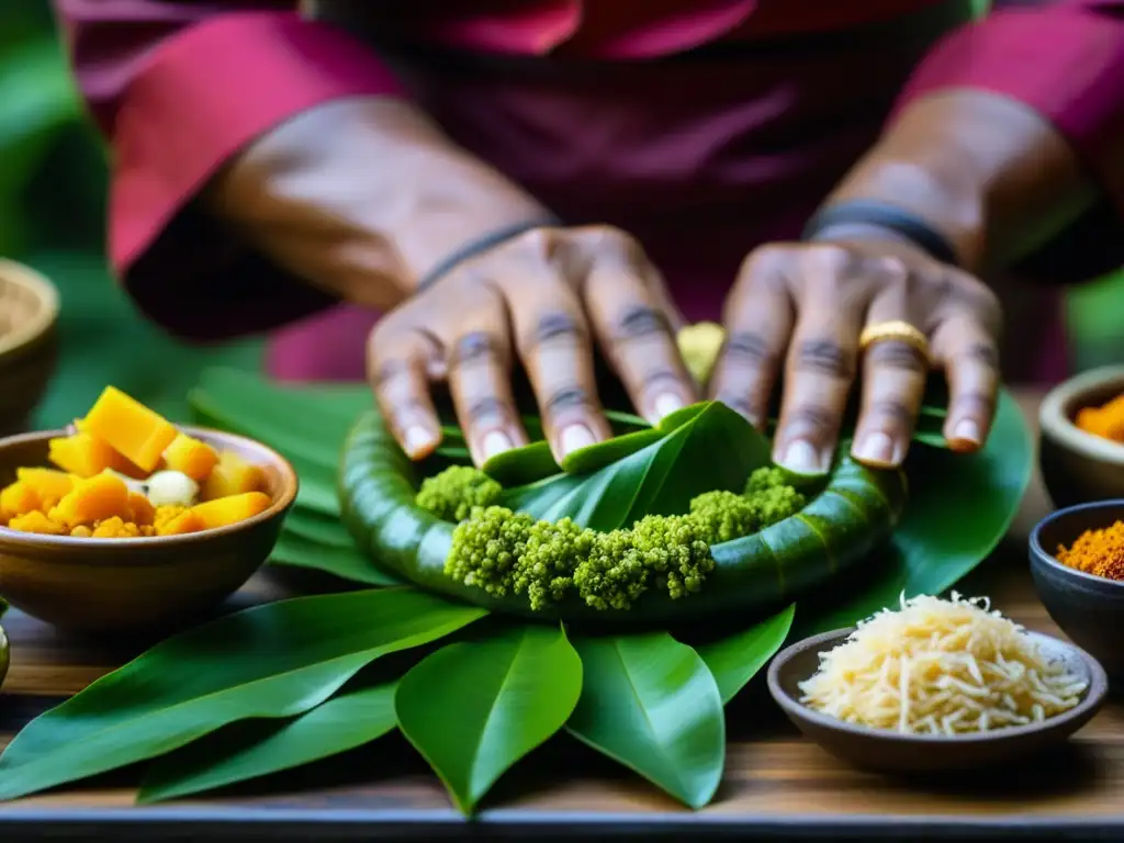 Las manos de un chef balinés preparando una receta histórica con delicadeza y pasión