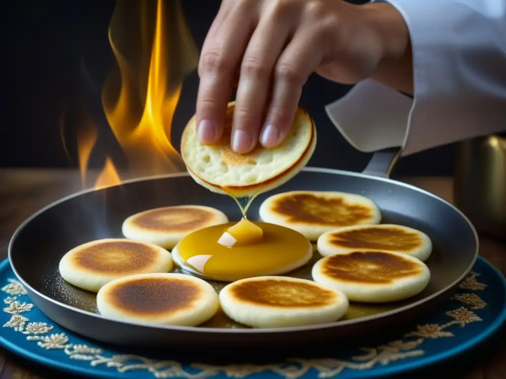 Manos de chef dorando un Blini, con patrones de bordado ruso