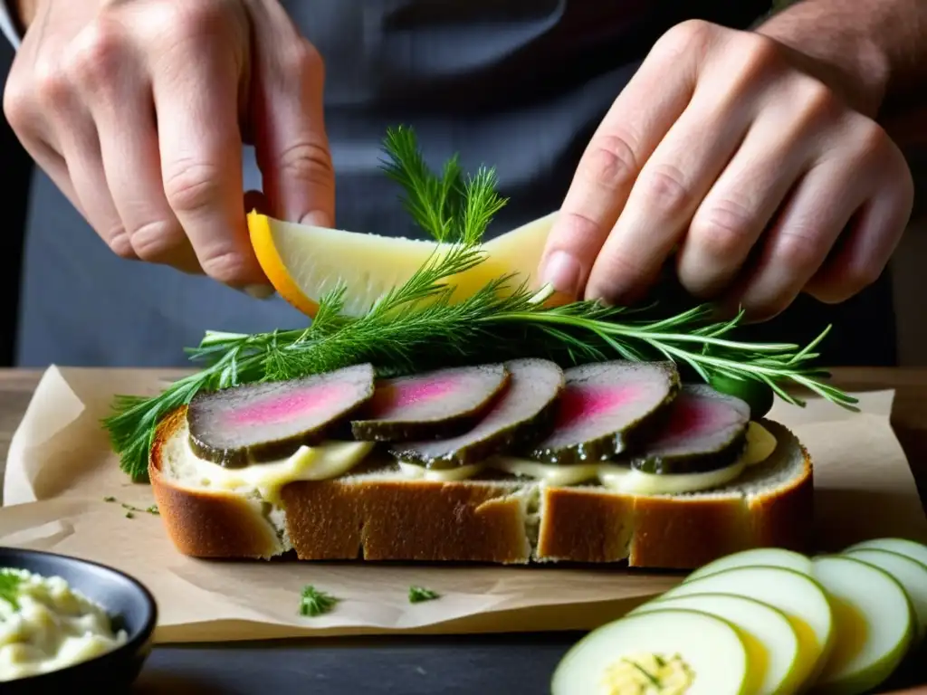 Manos de chef armando Smørrebrød danés en mercado de Copenhague, con recetas históricas y tradiciones culinarias