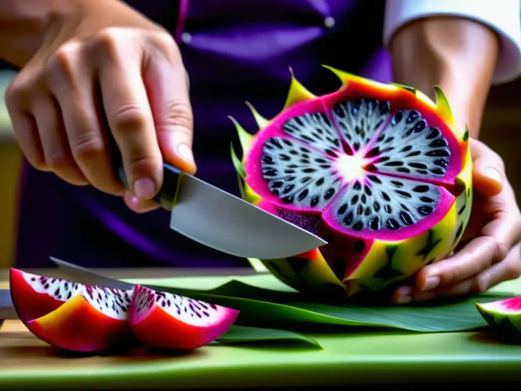 Las manos del chef cortan con destreza la pitaya morada, resaltando su textura y patrones