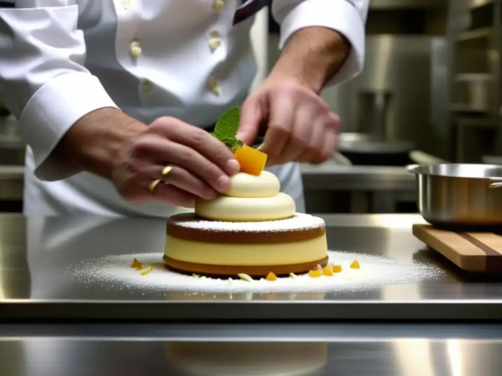 Las manos de un chef arman con destreza un postre elaborado en una cocina de la era industrial, destacando las técnicas culinarias revolucionarias