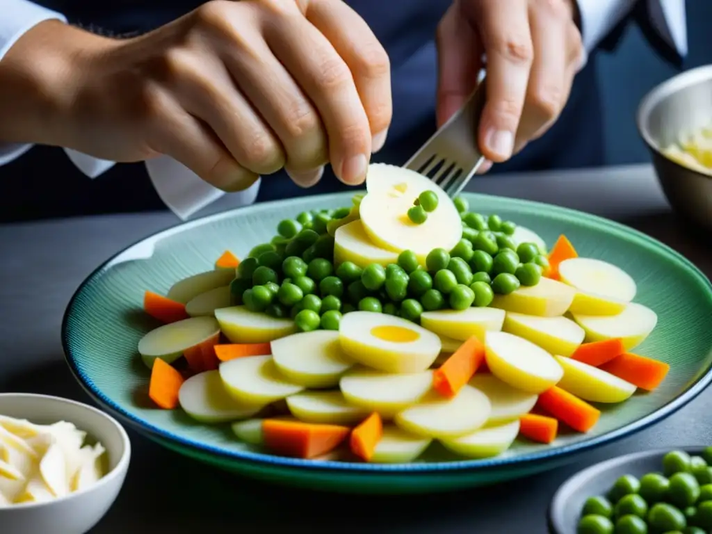 Las manos del chef preparan con detalle una Ensalada Rusa receta histórica