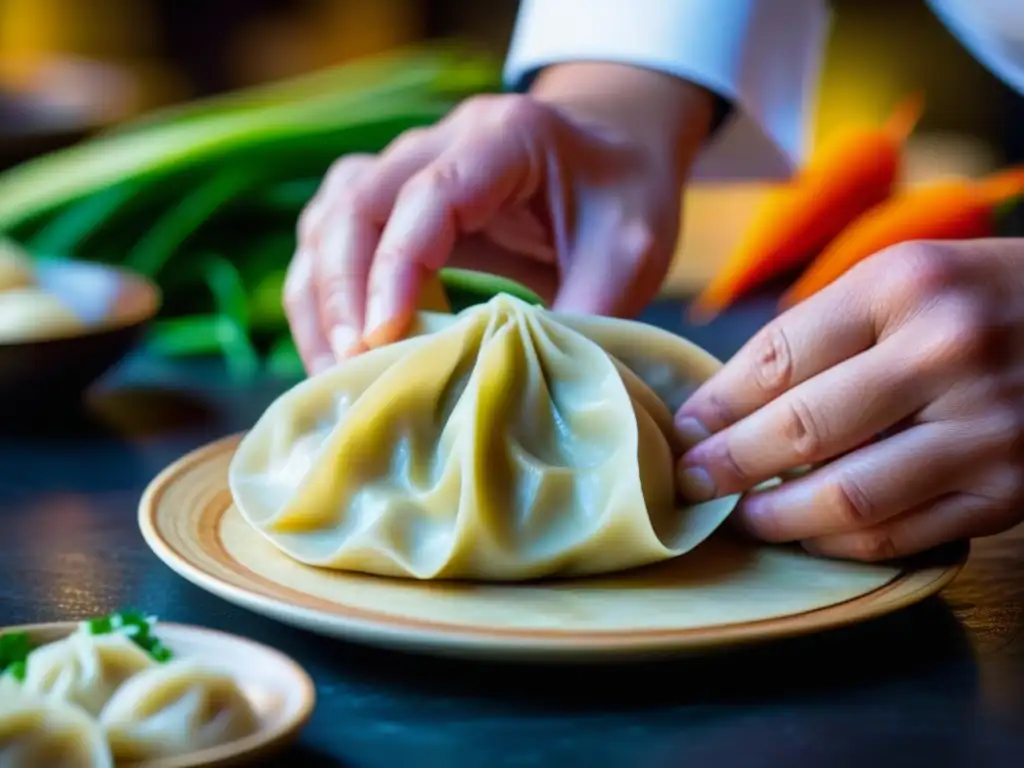 Manos de chef doblan un dumpling, mostrando detalles y textura brillante, en mercado asiático