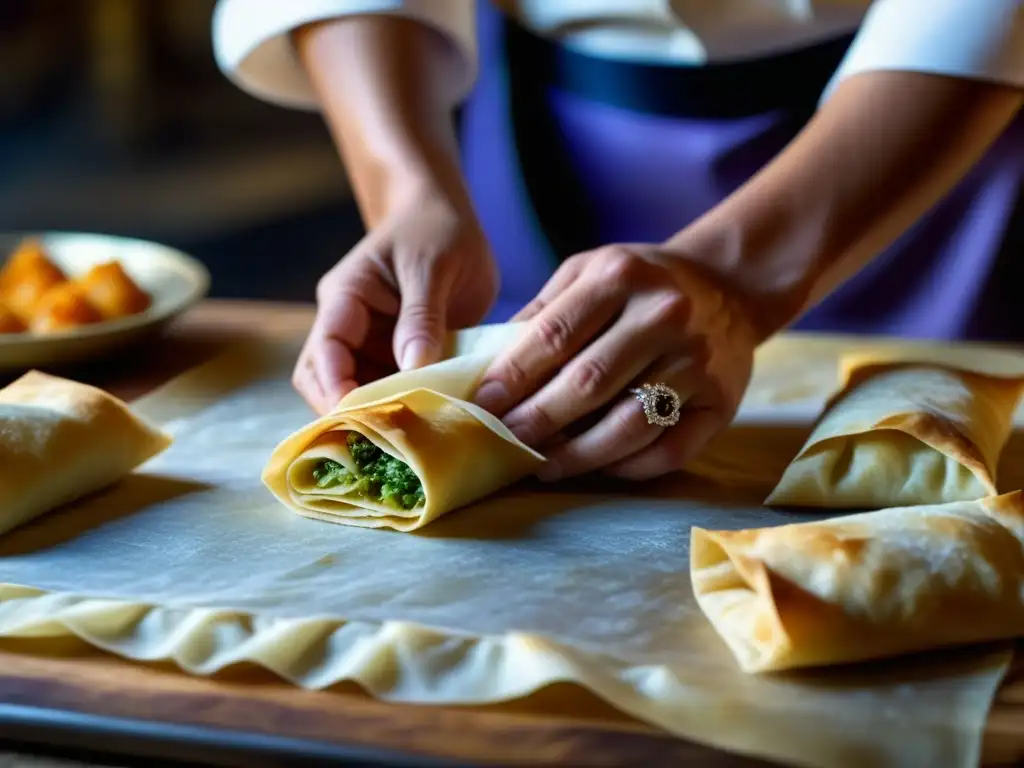 Las manos de un chef europeo y oriental cuidadosamente elaborando filo, mostrando la fusión cultural