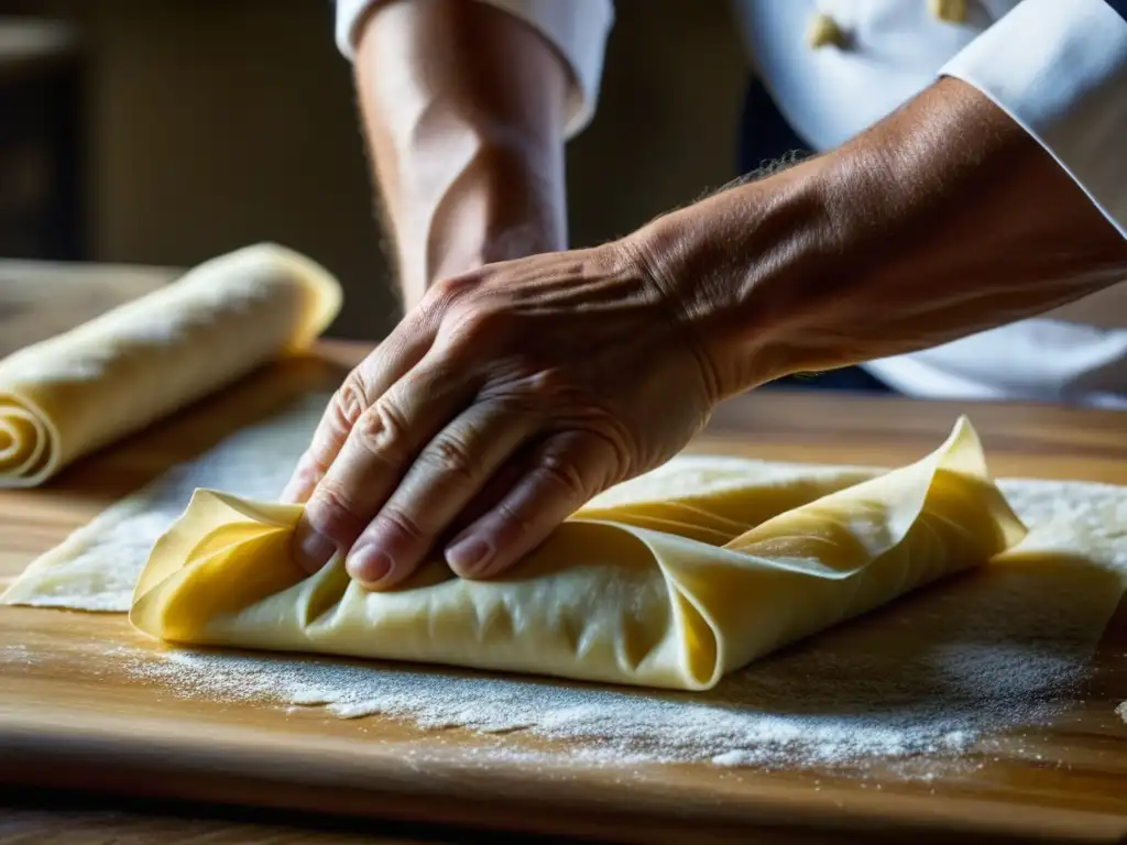 Manos de chef expertas amasan filo delicado para receta histórica Europa Industrial