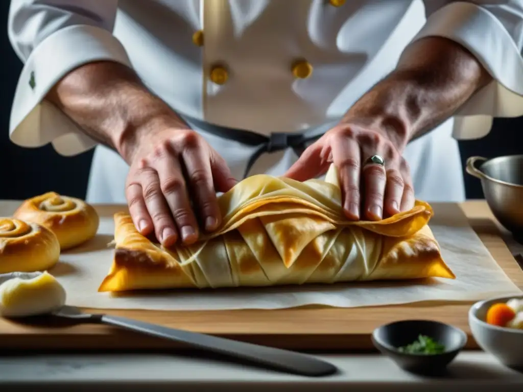 Manos de chef experto doblando masa filo, reflejando influencia europea en cocina americana siglo XIX