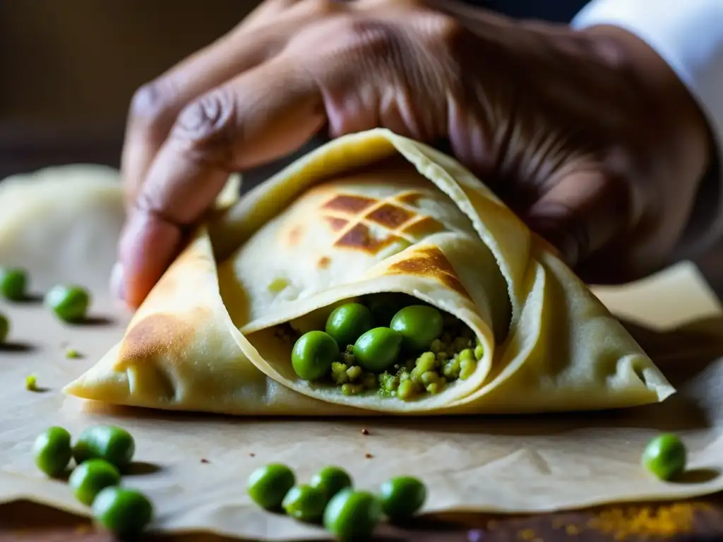 Las manos del chef experto en la mesa, creando samosas, evocan la historia y evolución cultural de esta delicia culinaria