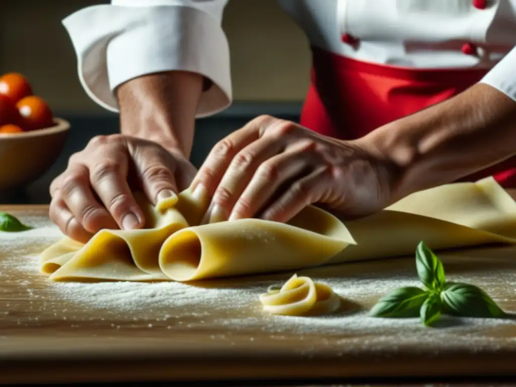 Manos de chef experto amasando pasta fresca, fusionando influencia cocina italiana Nuevo Mundo