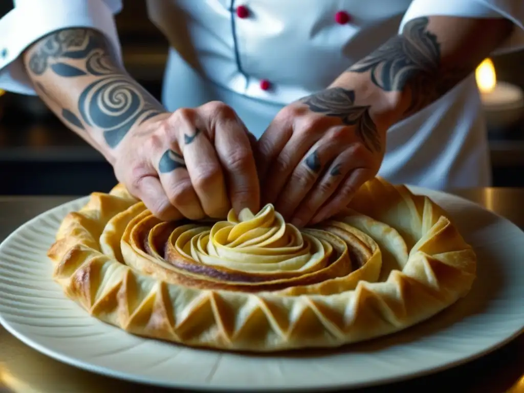 Manos de chef experto fusionando técnicas francesas con sabores rusos en una obra culinaria