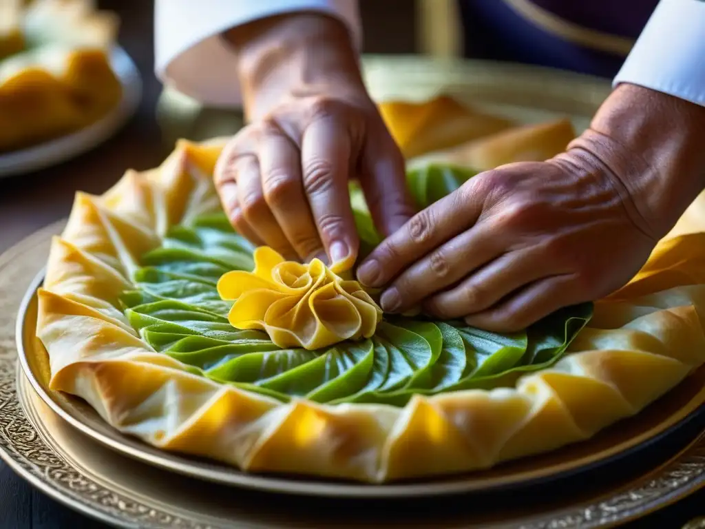 Manos de chef moldeando filo para baklava, con influencia otomana y Magreb, destellos de sabores y tradición