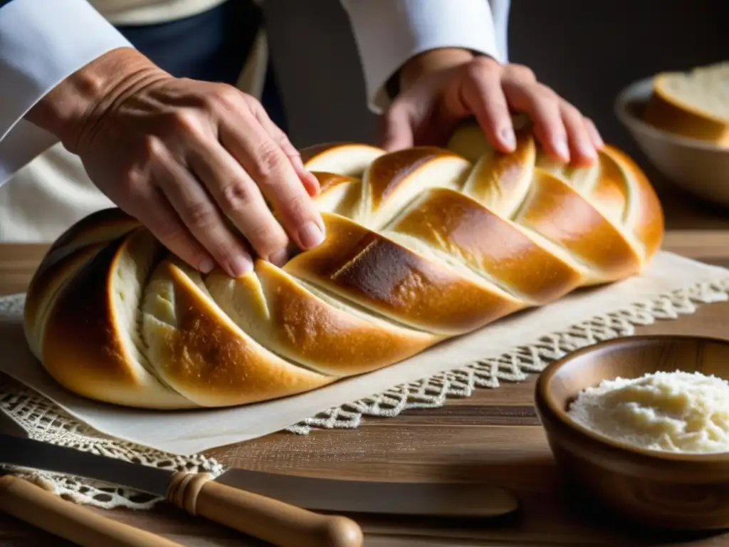 Las manos de un chef francés experto entretejen con precisión un pan ruso, fusionando tradiciones culinarias francesas y rusas