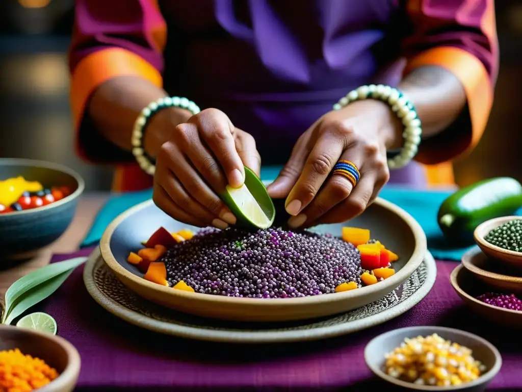 Las manos del chef inca preparan un plato colorido con ingredientes vibrantes en una cocina sagrada del Imperio Inca