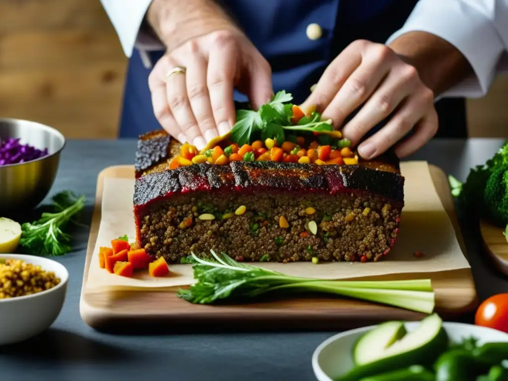 Las manos del chef crean un invento pastel carne sin carne con ingredientes coloridos y vibrantes