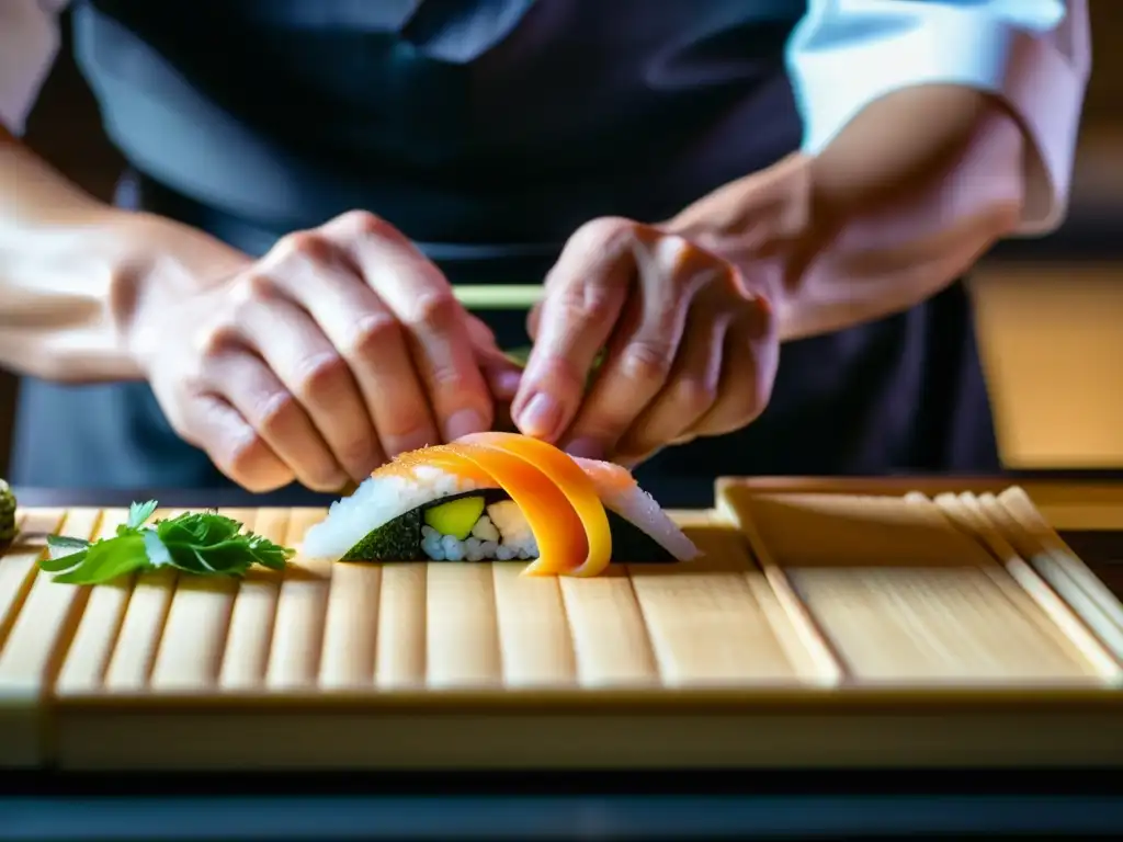 Las manos de un chef japonés crean un rollo de sushi, fusionando sabores en una transformación de la cocina japonesa a la era moderna