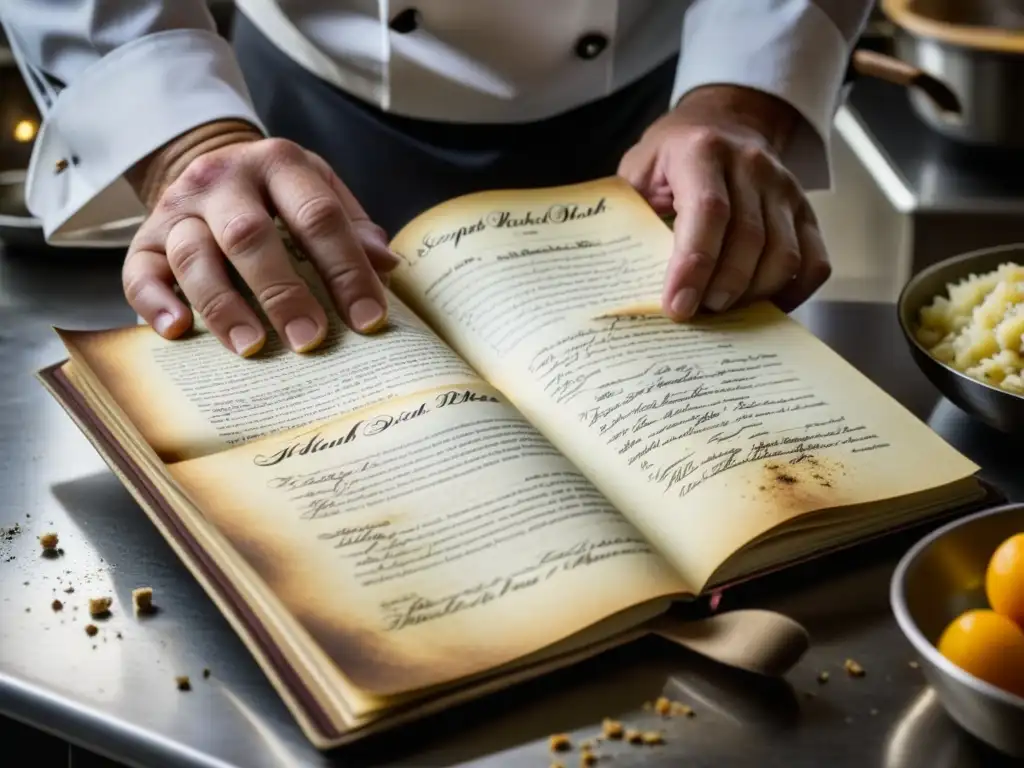 Las manos de un chef sostienen un libro de recetas centenario mientras descubren una receta tradicional