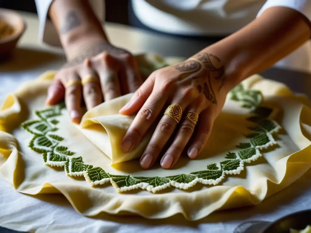 Manos de chef preparando masa filo con influencia árabe en cocina mediterránea