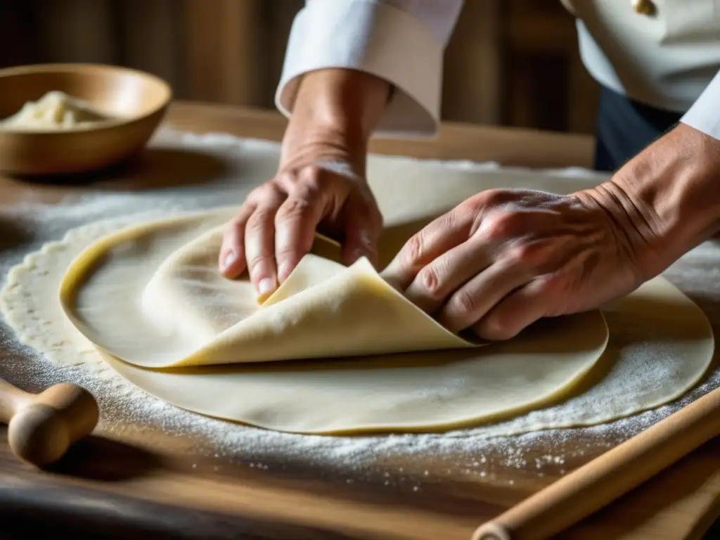 Manos de chef amasando masa para dumplings, evocando recetas históricas de diversas culturas