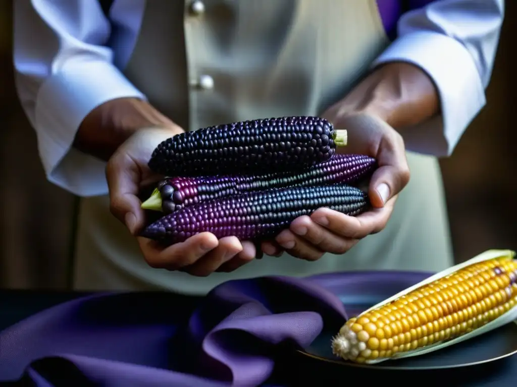 Manos de chef sostienen mazorca de maíz morado, resaltando la belleza de los ingredientes cocina criolla redescubiertos