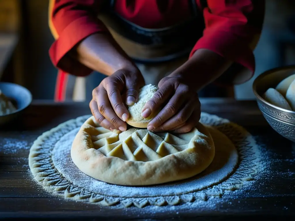 Manos de chef nómada creando masa tradicional, mostrando patrones y texturas, historia de supervivencia