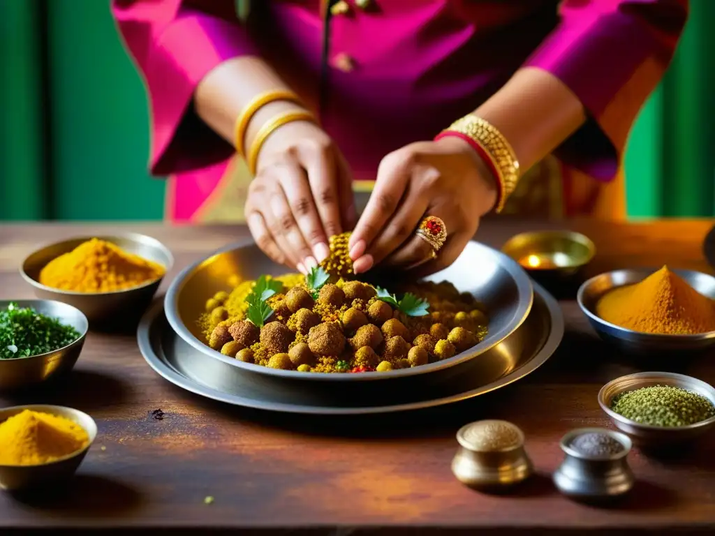 Delicada preparación de plato Mughal: colores y especias Manos de chef preparando plato Mughal con especias, joyas y diseño de henna