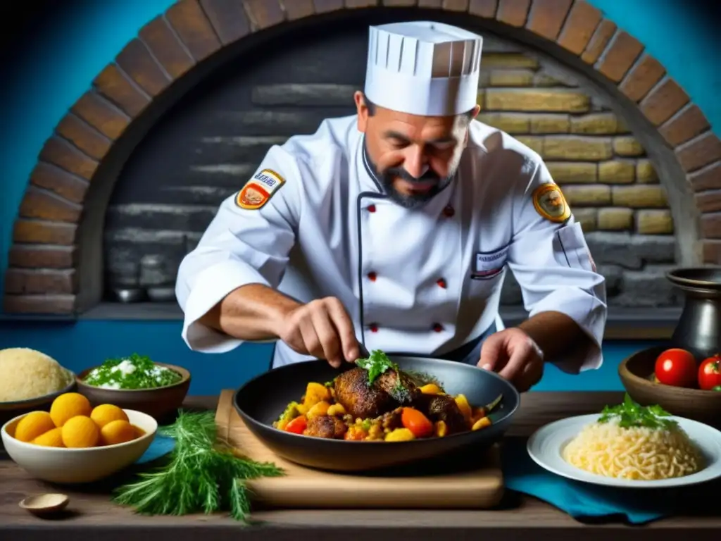 Arte culinario: maestría en la elaboración de platos de Europa del Este Las manos del chef crean plato europeo oriental, resaltando evolución culinaria postMuro Berlín
