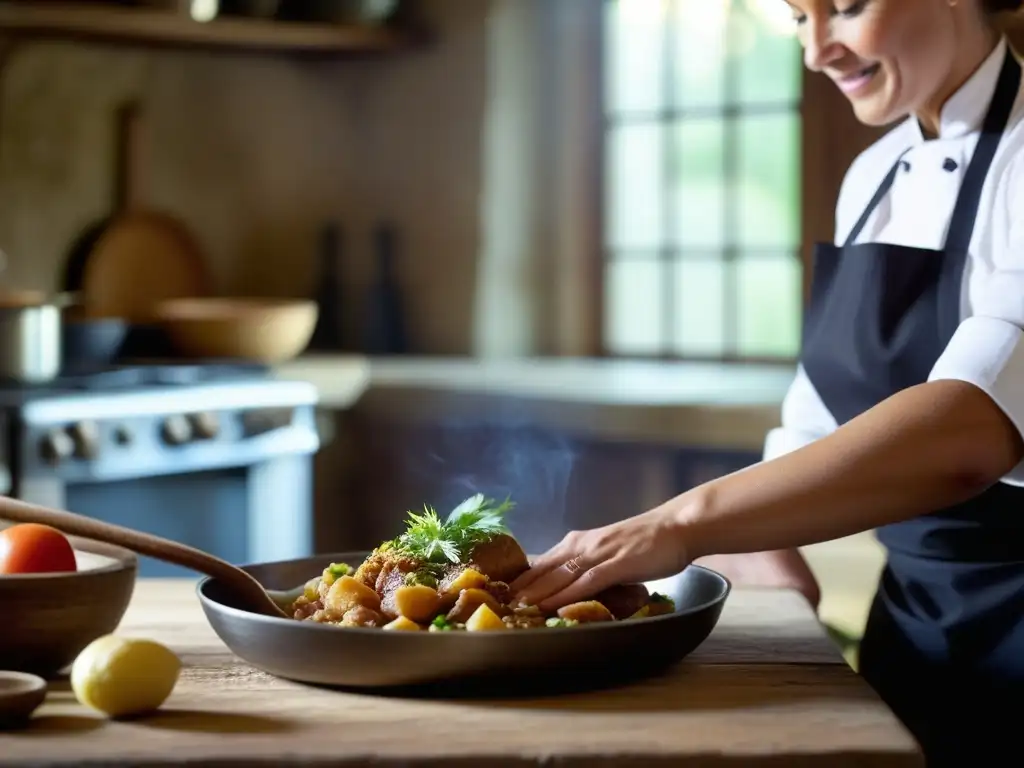 Las manos de una chef preparando un plato tradicional en cocina rústica, destacando la importancia de las mujeres en la historia culinaria