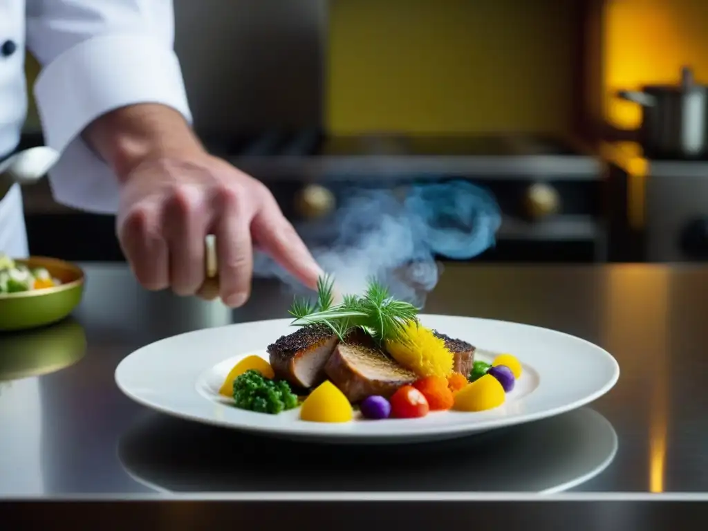 Las manos del chef recrean una receta histórica con relevancia cultural en una cocina moderna, destacando colores y texturas vibrantes