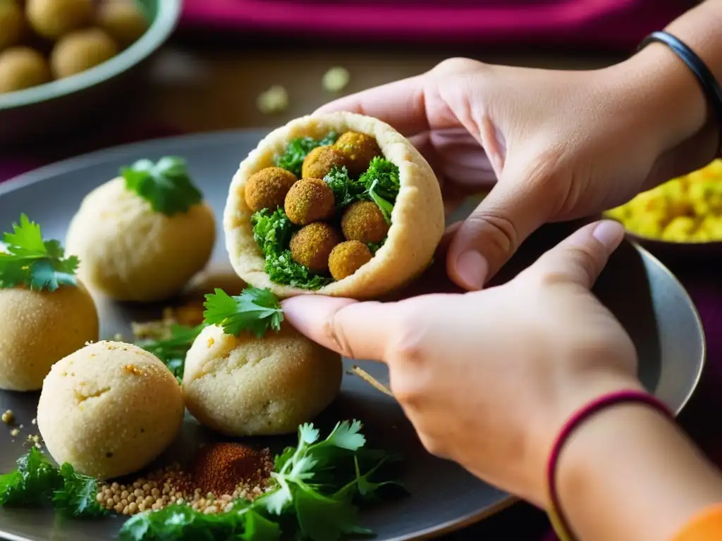 Manos de chef formando falafel, con tatuajes de henna