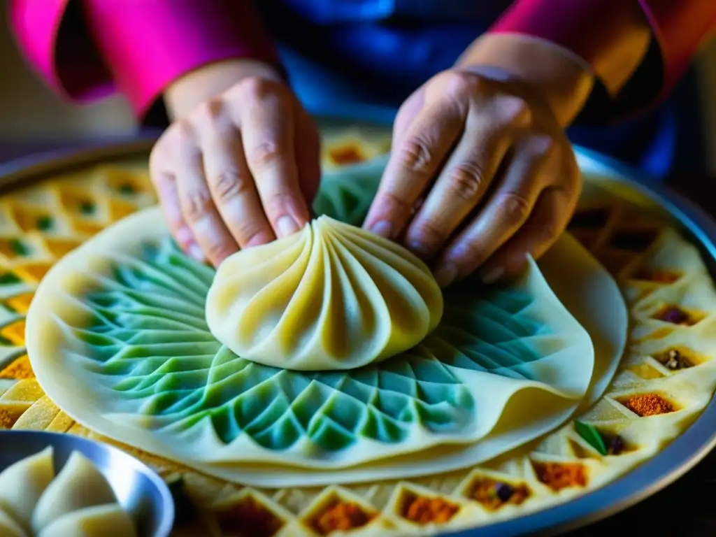 Manos de chef creando dumplings con técnica ancestral en la cocina de la Ruta de la Seda