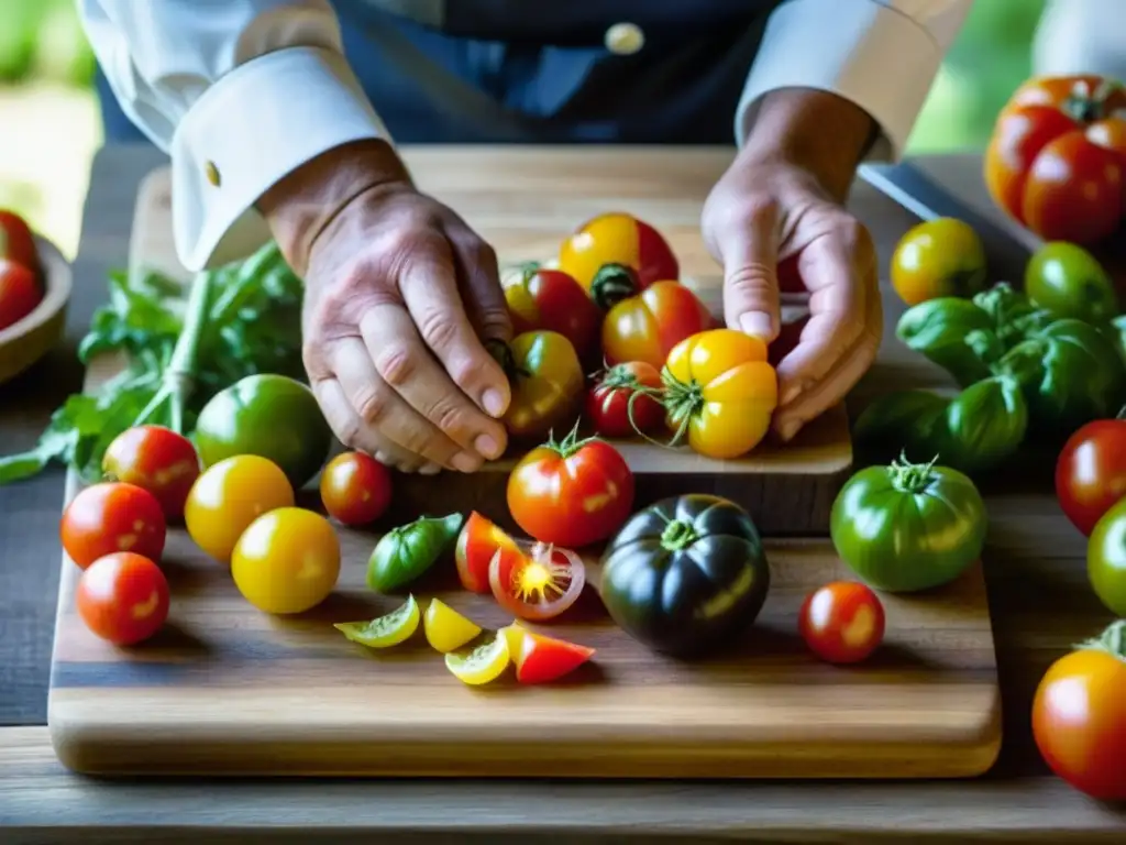 Las manos del chef colocan tomates heirloom en tabla de madera, mostrando colores y texturas