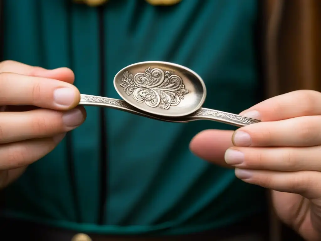 Manos de coleccionista acariciando una cuchara de plata antigua, destacando su belleza y significado histórico