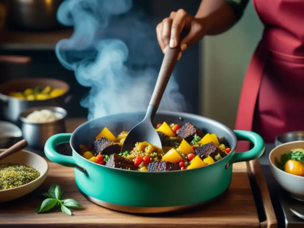 Manos revolviendo un bobotie colorido en una cocina rústica, con libros de recetas rebeldes y utensilios vintage
