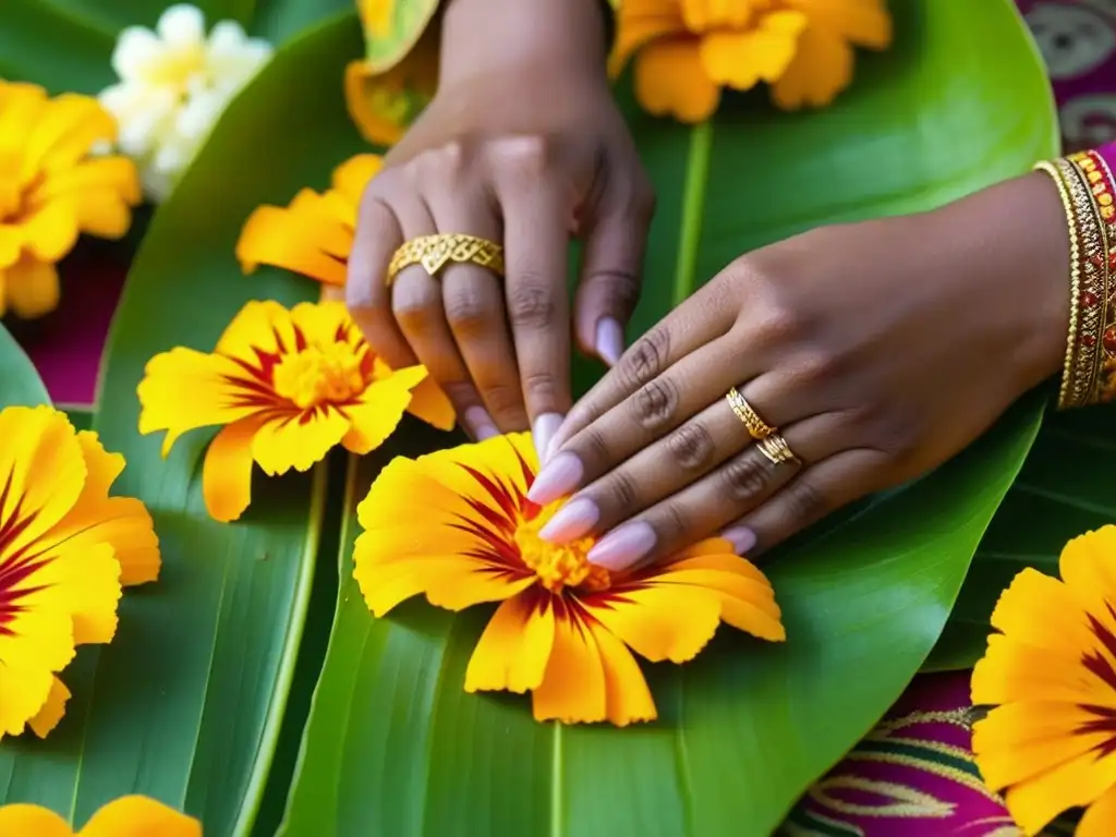 Manos cuidadosas disponiendo flores de cempasúchil en hoja de plátano, Recetas milenarias Chhath Puja