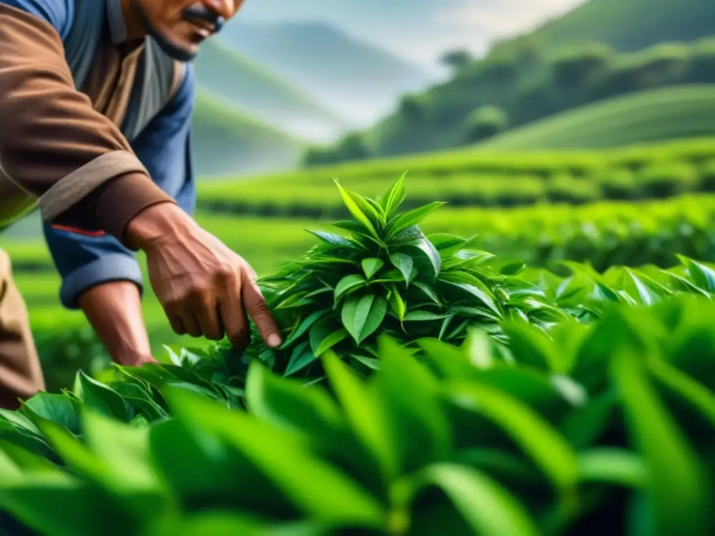 Manos cuidadosas cosechando hojas de té verde en plantación soleada