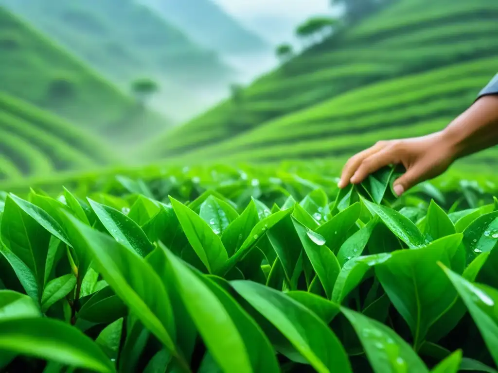 Manos cuidadosas recogen hojas de té verde en la plantación de Vietnam en la mañana brumosa