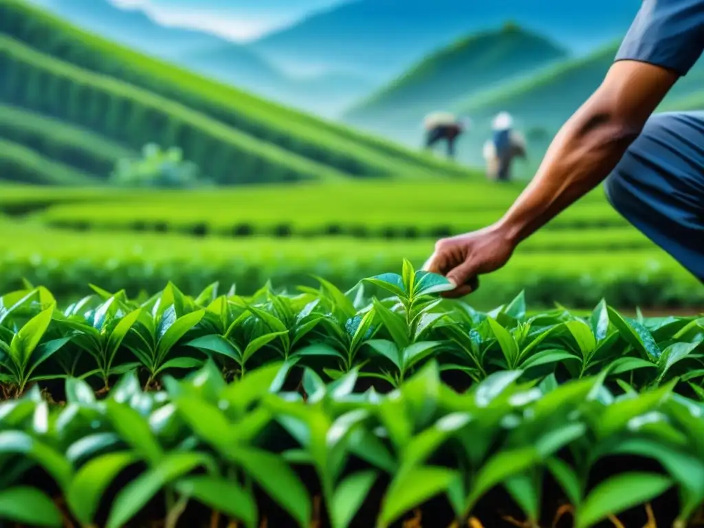 Manos cuidadosas recolectan hojas de té verde en plantación sostenible