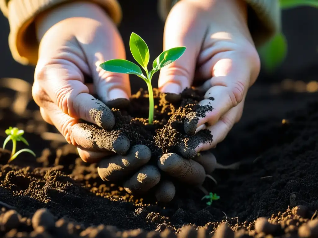 Manos cuidadosas nutriendo vida: semilla verde en tierra oscura Manos cuidadosas sostienen plantita en jardín soleado