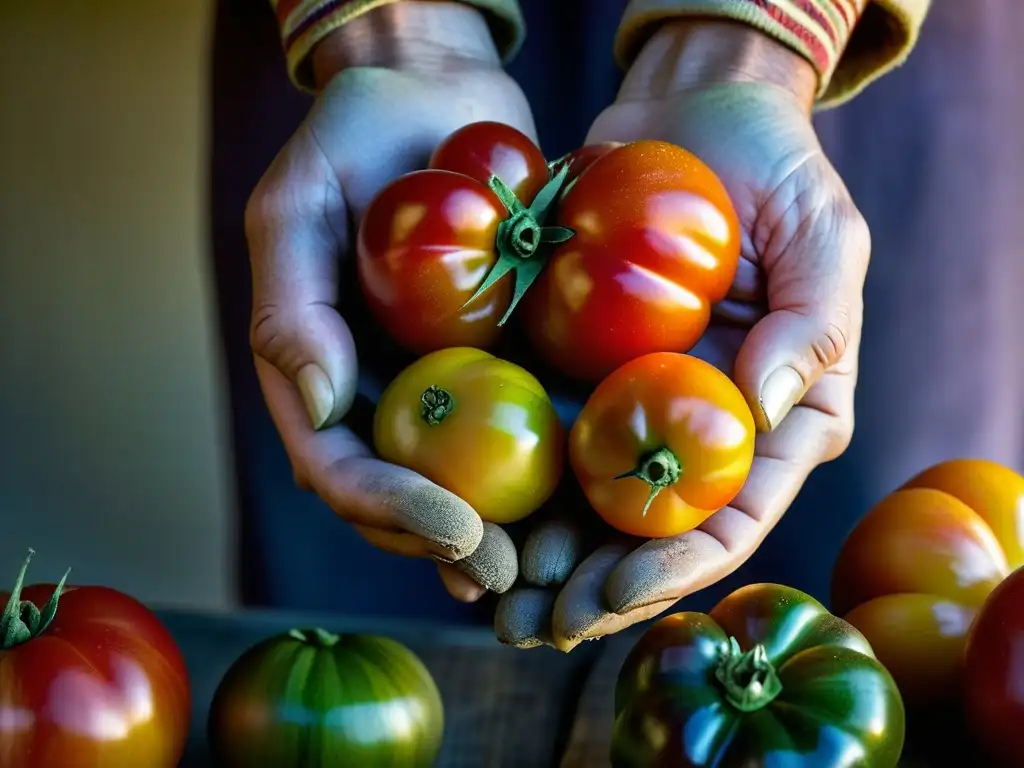 Manos cuidadosas sostienen tomates orgánicos, resaltando su belleza natural y la importancia de preservar recetas históricas con productos orgánicos