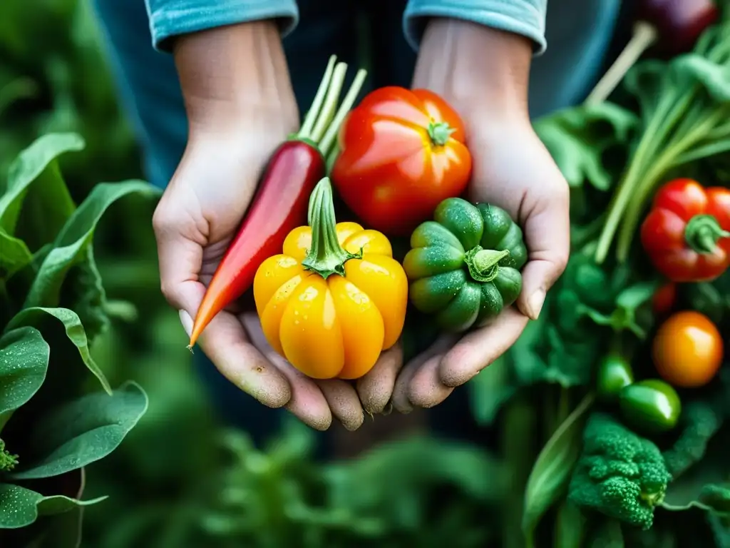 Manos cuidadosas sosteniendo verduras frescas de granja