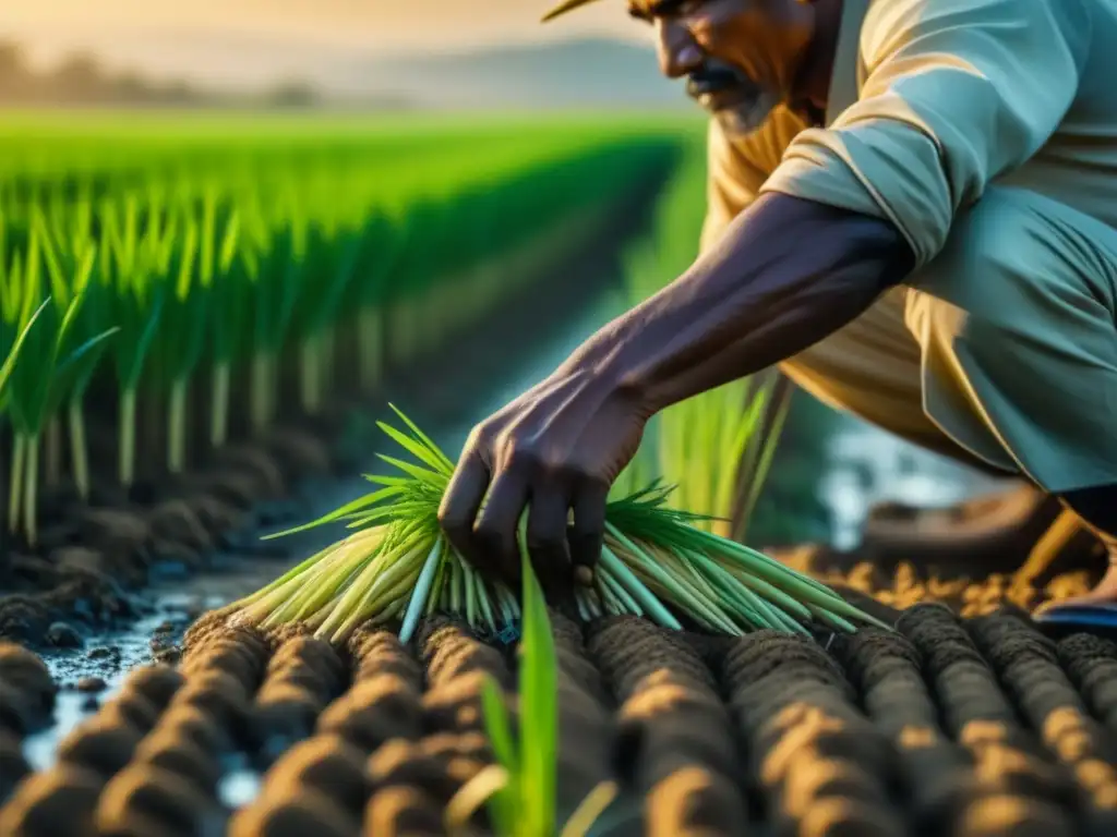 Las manos curtidas de un agricultor saheliano plantando plántulas de arroz, reflejando la esencia de la cultivación sostenible