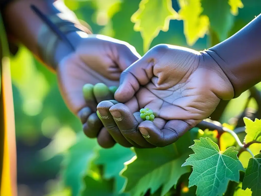 Las manos curtidas de una anciana indígena cuidan con esmero viñedos verdes, reflejando la historia de la vid en América