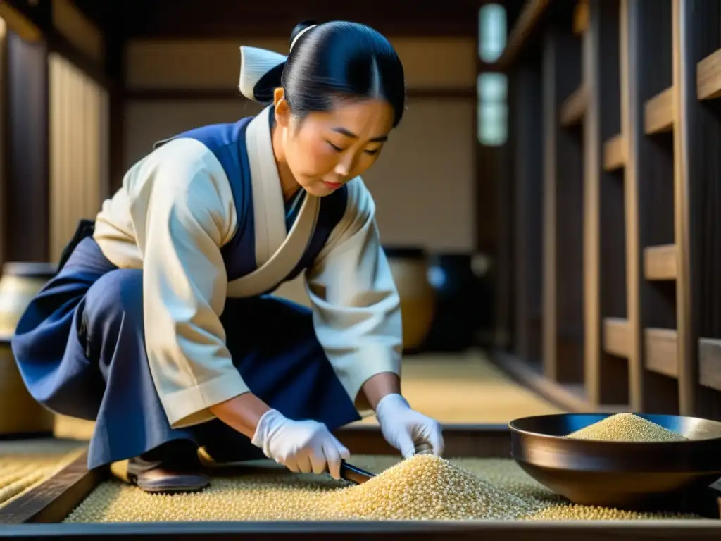 Manos curtidas inspeccionan arroz para sake en la era Meiji, resaltando la importancia cultural del Sake Meiji