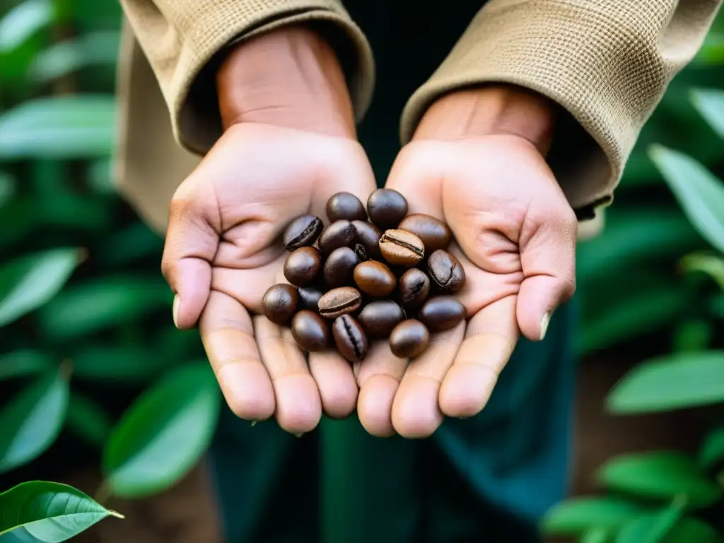 Las manos curtidas de un caficultor vietnamita sostienen con amor un grano de café, mostrando la historia del café vietnamita