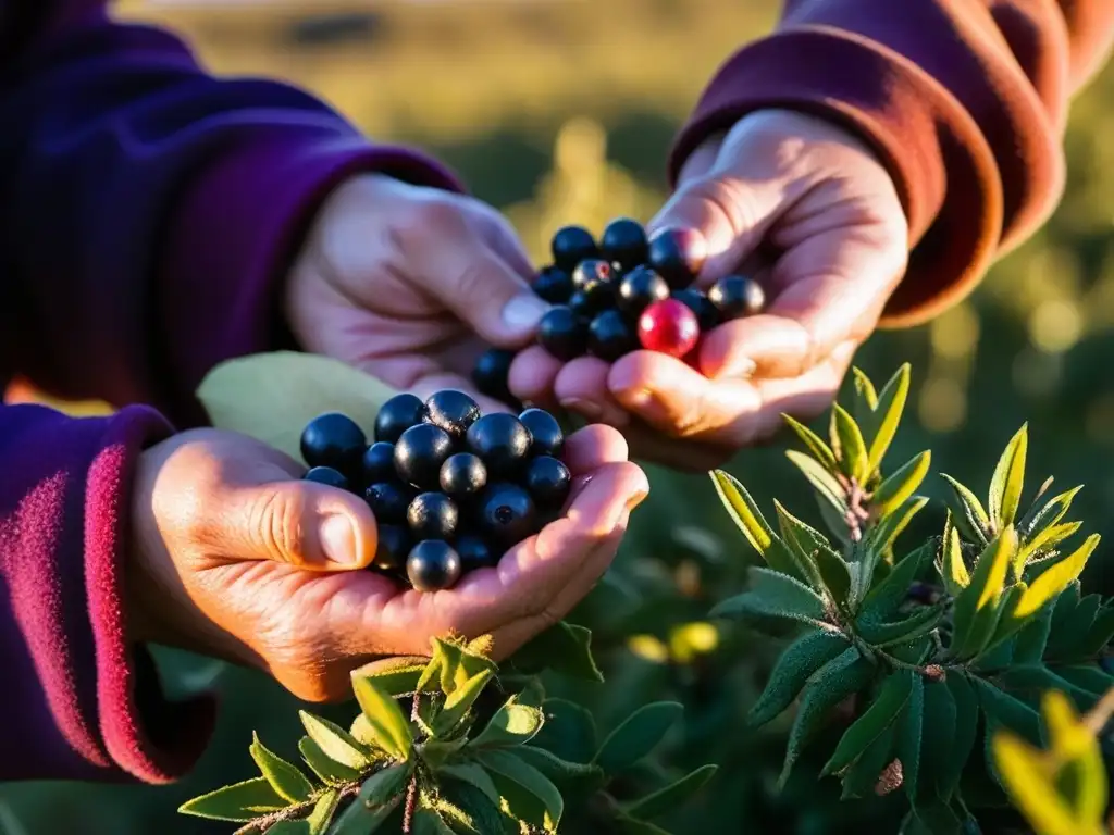 Manos curtidas recogen calafates maduros en la vasta Patagonia