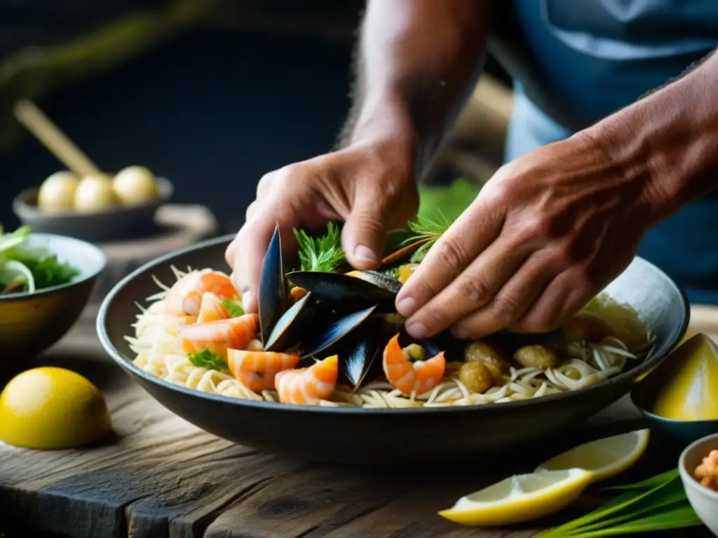 Las manos curtidas de un pescador preparando un plato isleño, reflejando la influencia de las tradiciones pesqueras en la dieta insular