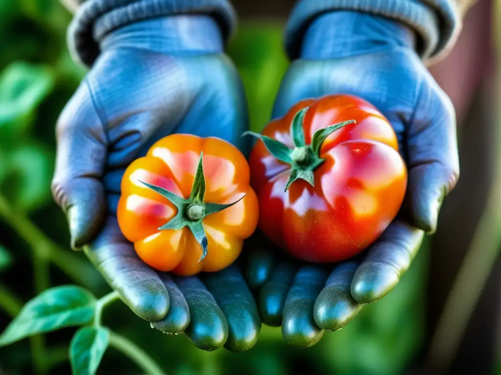 Manos curtidas cuidan un tomate de huerto orgánico